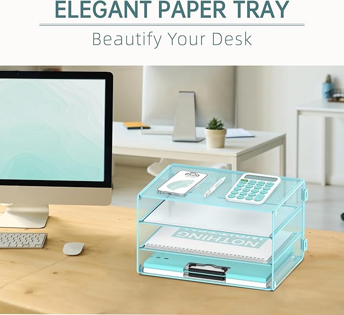 DALTACK 3 Tier Letter Tray Paper Organizer for Desk, Mesh Metal Desk File Organizer with Sliding Trays for Letter/A4 Paper, Mail, Bills & Folders, Light Blue