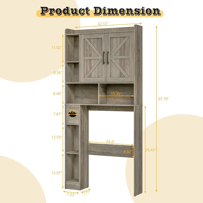 Vabches Over The Toilet Storage Cabinet with 2 Barn Doors, Grey | Farmhouse Storage Cabinet with Toilet Paper Holder Stand，Home Space-Saving Toilet Rack, for Bathroom, Restroom, Laundry