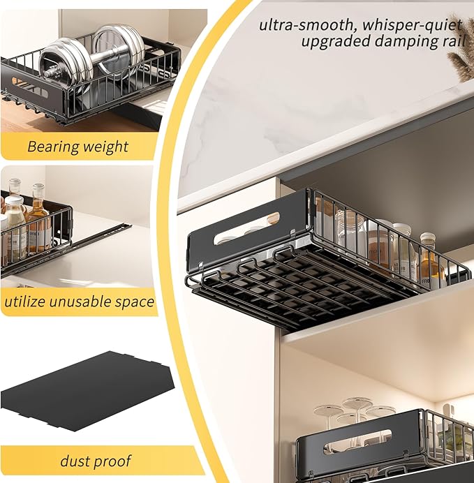 PureBox Pull Out Cabinet Organizer, Slide Out drawers for cabinets, Heavy Duty Carbon Steel Roll Out Shelves for kitchen, bathroom, pantry (14.7’’-23.1’’ Slide, Adhesive & Screw), Black (1)