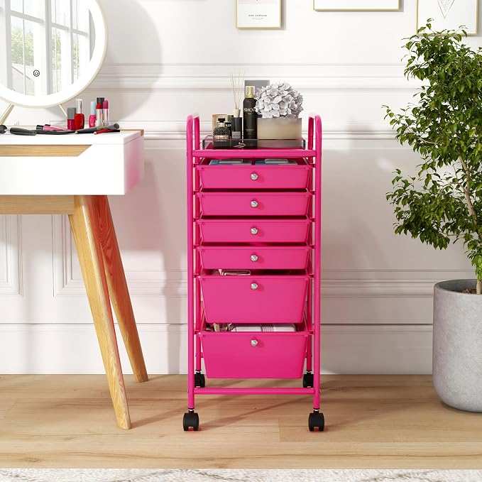 GOFLAME 6-Drawer Rolling Storage Cart, Multifunctional Art Craft Organizer, Mobile Utility Storage with Removable Drawers & Lockable Wheels, Craft Cart for Home Office, Hot Pink