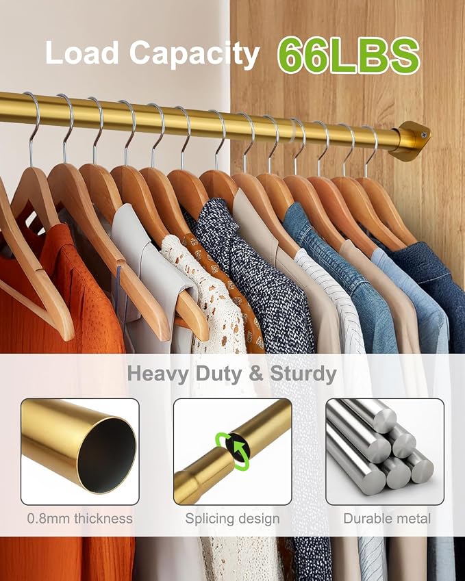 Closet Rod for Hanging Clothes, 54 to 64 Inches Adjustable Heavy Duty Closet Rod, Gold