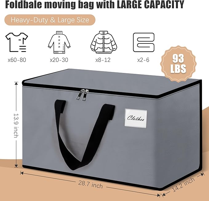 NATURELUX Heavy Duty Moving Bags - Extra Large Packing Bags and Storage Totes, Collapsible and Foldable Option for Moving and Storage, Grey, 93 L - 6 Pack