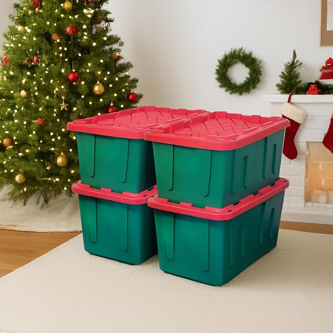 HOMZ Durabilt Plastic Storage Bins with Lids, 27 Gal, Red/Green, 4 Pack | Heavy-Duty Large Stackable Container Seasonal Boxes for Home, Attic, and Garage Organization