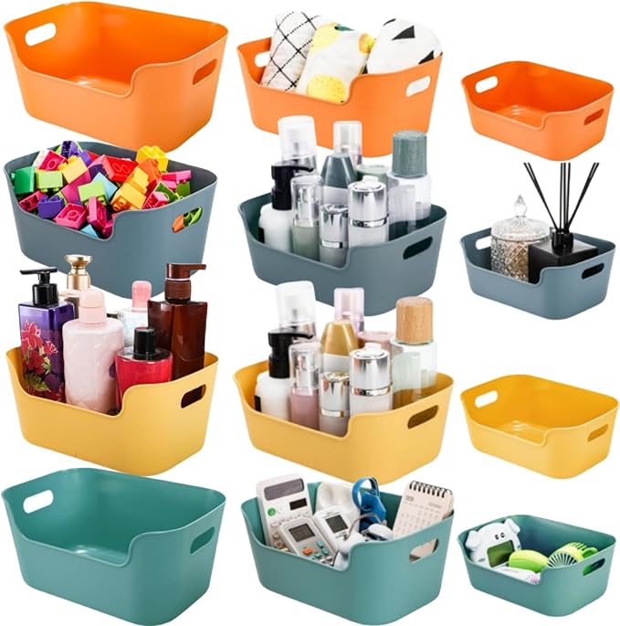 Tlence 12 Pack Colorful Plastic Storage Baskets, Classroom Organizer Bins with Built-in Handle, Open Cubby Storage Bins, Household Pantry Shelf Organization Containers for Office, 3 Sizes