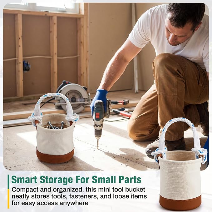 2 Pcs Mini Tool Buckets 6" x 4.5", All-Purpose Tool Bucket with Leather-Bottom, Nuts and Bolt Bag with Reinforced Rope Handle, Small Utility Pouch for Carrying Nails Bolts Small Supplies