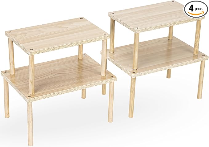 Aminigram Wood Cabinet Organizer Shelf, Set of 4 Kitchen Counter Shelves, Stackable Plate Organizer for Cabinet, Pantry Cupboard Dish Mug Cup Storage Shelf