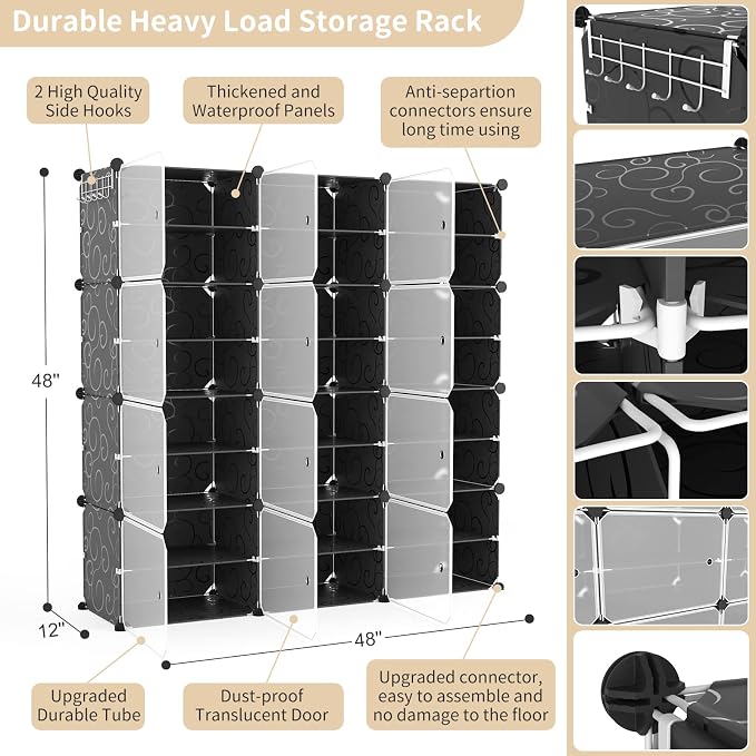 Portable Shoe Rack Organizer with Door, 48 Pairs Shoe Storage Cabinet Easy Assembly, Plastic Adjustable Shoe Organizer Stackable Detachable Free Standing Shoe Rack DIY Expandable 8 Tier Black