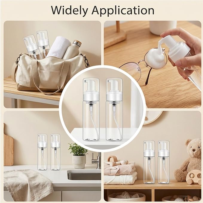 Foam Pump Bottle 2oz/ 60ml, 2Pcs Mini Foaming Soap Dispenser for Travel Size Refillable Foaming Spray Bottle for Hand Soap, Face Wash, Shampoo, Leak-Proof Portable Foam Bottle