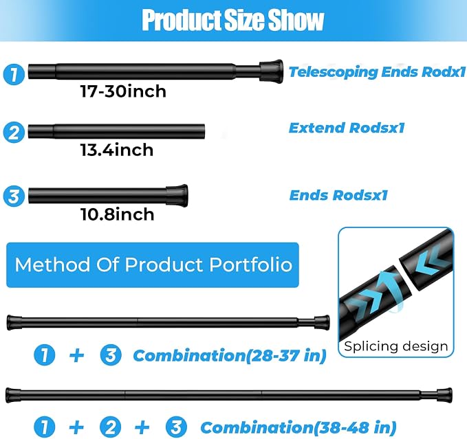 Spring Tension Curtain Rods 28-48 Inch Black 2 Pack | No-drill & tool-free setup. Fits windows, kitchens, doorways. Rust-resistant, great for light curtains.