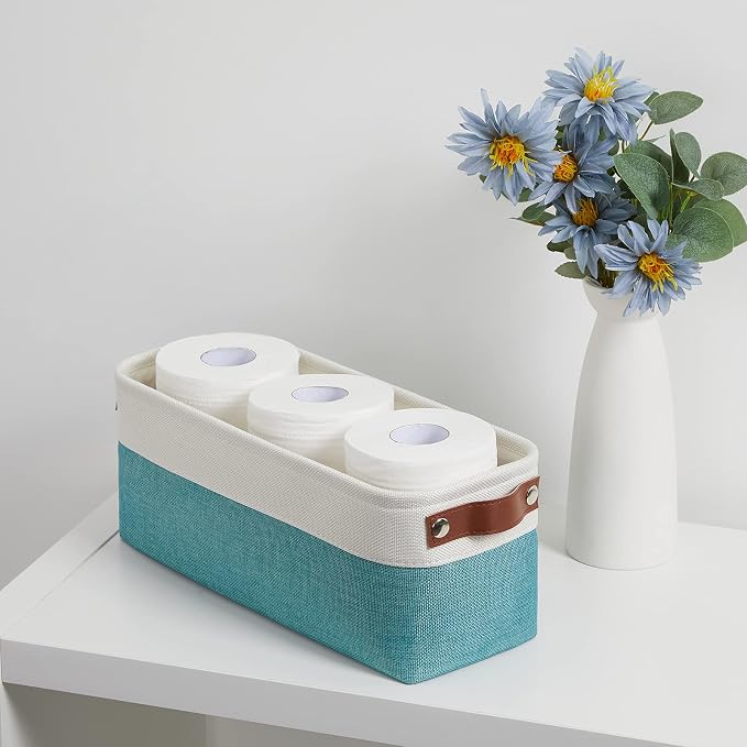 DULLEMELO Small Bathroom Closet Storage Baskets Canvas Fabric Storage Bins for Toilet 2 Pack Collapsible Home Organizer With Handles (White&Teal)
