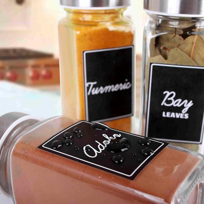 Orii Black Rectangular 160 Spice Labels Stickers for Spice Jars | 160 Pre-Printed Labels, 20 Blank Labels, For Kitchen Pantry, Herb Seasoning Labels