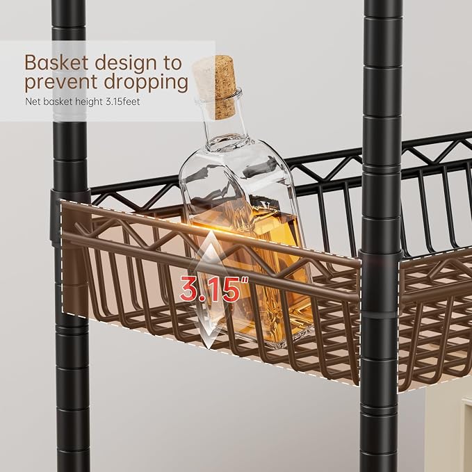 Golpart Basket Shelves Closet Rack with Wheels Metal Pantry Wire Shelf Unit | 6 tier Storage Rolling Shelving Bathroom Organizers Kitchen Garage Laundry Room Organization Home 30"Dx13.6"Wx65"H Black