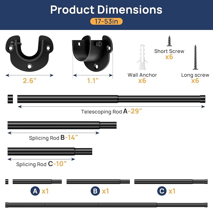 ENJOYBASICS Closet Rods for Hanging Clothes, 17 to 53 Inches Stepless Adjustable Closet Pole, 1.3 Inches Heavy Duty Clothes Rod for Wardrobes, Bathroom, Laundry and Windows, Black