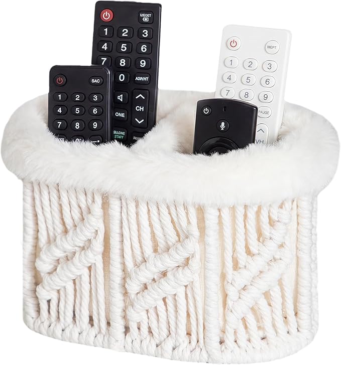 Remote Control Holder, Woven Plush Lined TV Remoter Holder Caddy | Nightstand Desk Dresser Table Storage Organizer for TV Remotes, Media Controllers, Glasses, Office Supplies (Beige, 2 Slots)