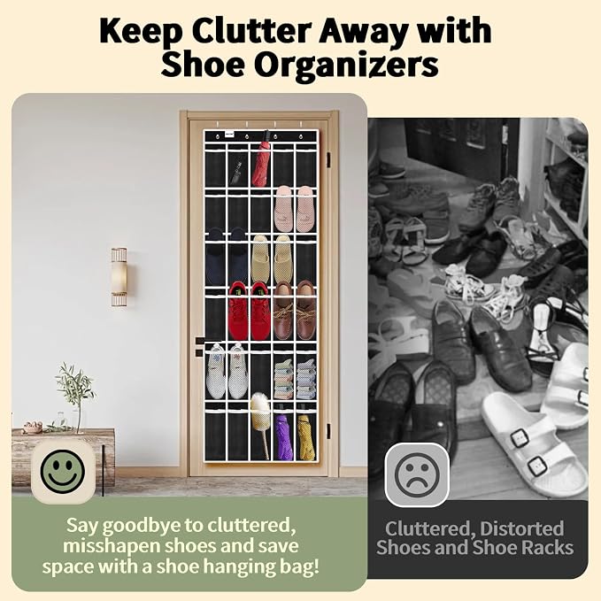 PAULONE Over the Door Organizer with 30 Large Pockets, 3 Sizes of Closet Hangers, Holds up to 69 lbs, Hanging Organizer with Clear Window for Children's Toys, Shoes, Diapers (Black)