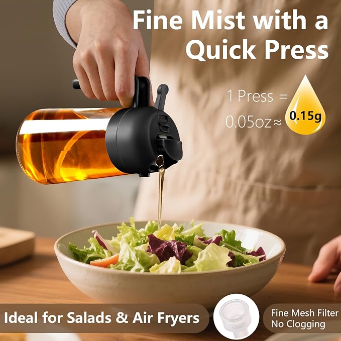 SWEET VIEW 2PCS Olive Oil Sprayer for Cooking 16oz/470ml | Glass Oil Dispenser/Pour Bottle, Kitchen Accessories, Kitchen Gadgets for Air Fryer, Salad, BBQ, with Stickers (Black,Green)