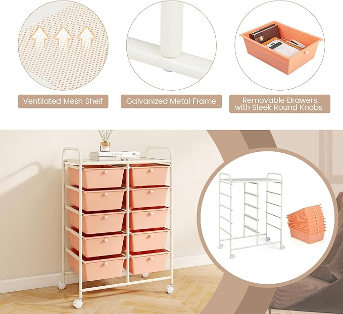 COSTWAY 10 Drawer Rolling Storage Cart, Utility Cart with Lockable Wheels | Mobile Art Supply Craft Organizer with Metal Frame, Multipurpose Drawer Cart for Paper for Office, School, Peach