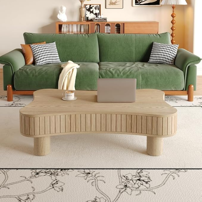 Lift Top Coffee Table with Hidden Storage Fluted Panel Silent Hydraulic Lift Curved Corners (Natural)