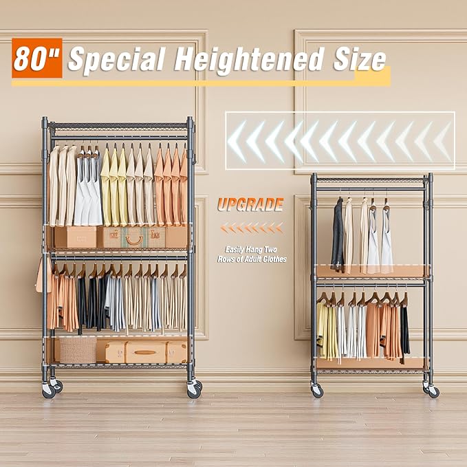 Homdox Narrow Rolling Garment Rack with Double Rods and 3 Adjustable Shelves, Compact Portable Closet Organizer for Bedroom, Dorm, Laundry Room, 23.62" W x 16.54" D x 80.71" H, Gray