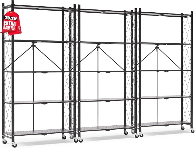 ALANNG 70.7" H Metal Storage Shelves, 5 Tier Folding Shelf on Wheels | Heavy Duty, No Assembly, Rolling, Collapsible Rack Unit for Kitchen, Basement, Pantry (Black,3 Pack)