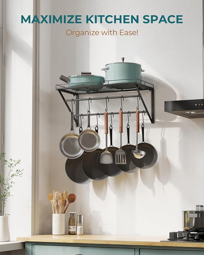 OROPY 23" Pot Rack Wall Mounted, Pot Organizer with 2 Tier Hanging Rails | Heavy Duty Pot and Pan Organizer with Storage Shelf & 12 S Hooks, Space Saving Hanging Pot Rack