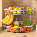 2 Tier Fruit Basket for Kitchen Counter - Detachable Metal Fruit Bowl with 2 Banana Hangers for Corner , Large Capacity Fruit Stand with Wooden Handle for Bread Fruit and Vegetable Storage- White
