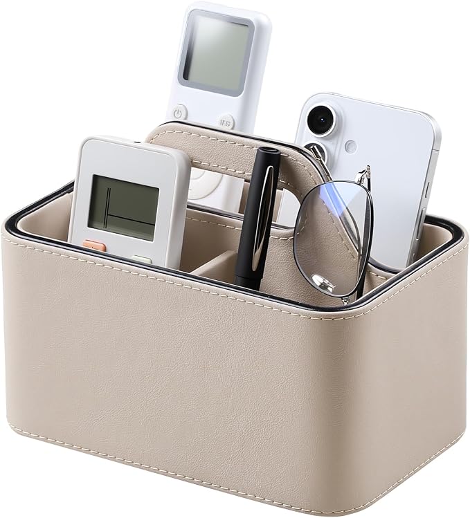 PU Leather Remote Control Holder, Desk Caddy Organizer with Handle Beige | 3 Compartments Portable Remote Organizer, Remote Caddy Bedside Holder for Office Storage Supply Organizer