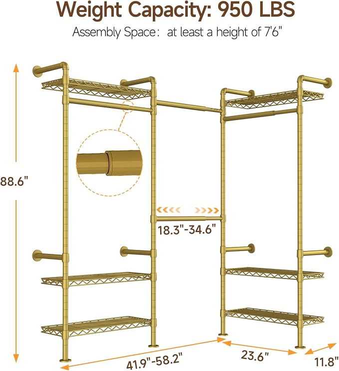 L3 Wall Mounted Metal Pipe Closet System Heavy Duty Corner Garment Rack | Max Load 950LBS with 4 Telescopic Rods & 6 Wire Shelves Gold Industrial Modular Clothing Clothes Rack Wardrobe Closet