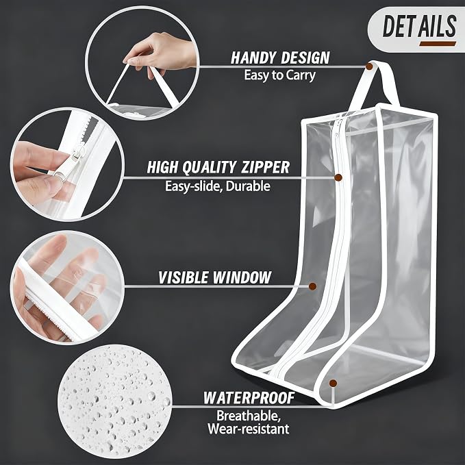 CiBiZi Clear Boot Bags Organizer for Travel Waterproof Cowboy Boots Bag Portable Shoe Travel Bag for Women Hangable Ski Boot Bag Dust-free Tall Boot Storage Bag (2Big-White)