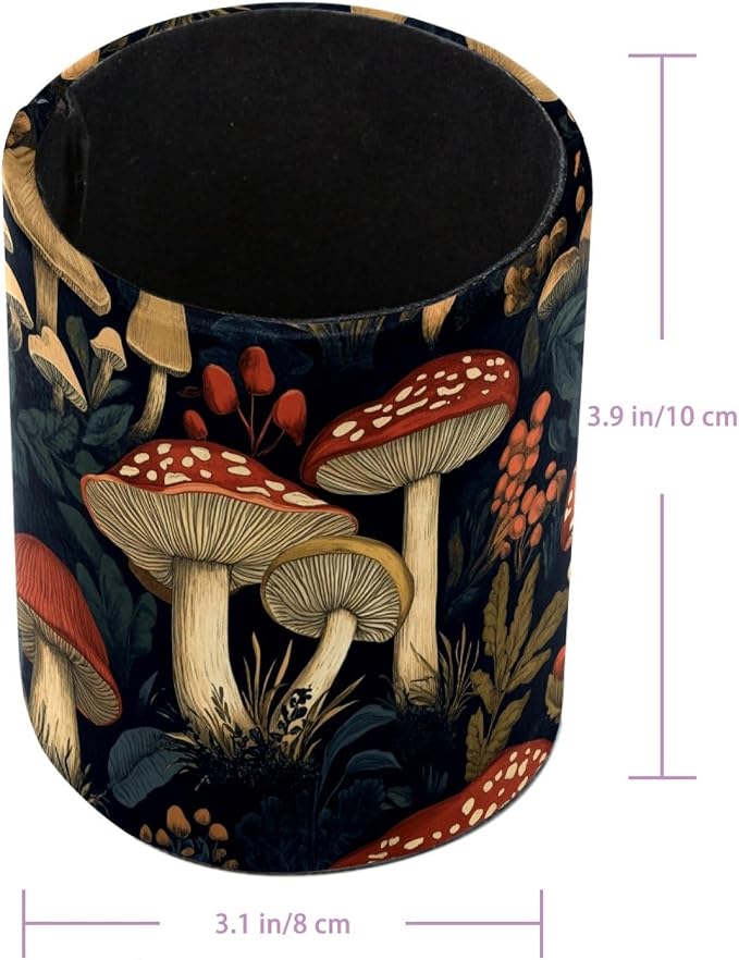Leather Pen Holder for Desk, Vintage Mushroom Pencil Cup Pen Organizer Makeup Brush Holder for Office Home Kids Countertop Desk Accessory Storage