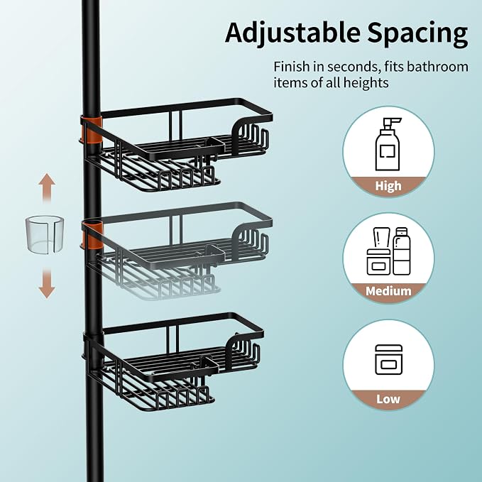 KEGII Corner Shower Caddy Tension Pole, Stainless Steel Shower Organizer | 32 Hooks & 2-in-1 Soap Holders, Adjustable 25–114.2 Inch, Rustproof Bathroom Storage Rack for Families and Renters, Black