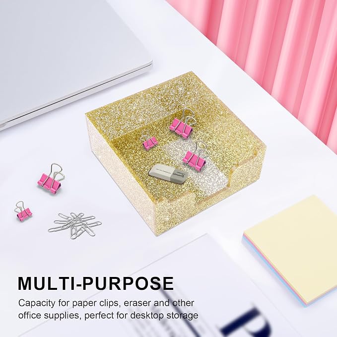 Rouidr Acrylic Sticky Note Holder, Self Stick Note Pad Holder, Gold | 3.94 x 3.94 Inch Glitter Memo Pad Dispenser Organizer for School Office Home Desk Supplies