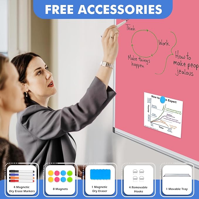 WALGLASS Magnetic Whiteboard 24"x18" Dry Erase White Board for Walls with Pen Tray, Aluminium Frame and Dry-Wipe Writing Surface for Drawing, Home, and Office (Pink)