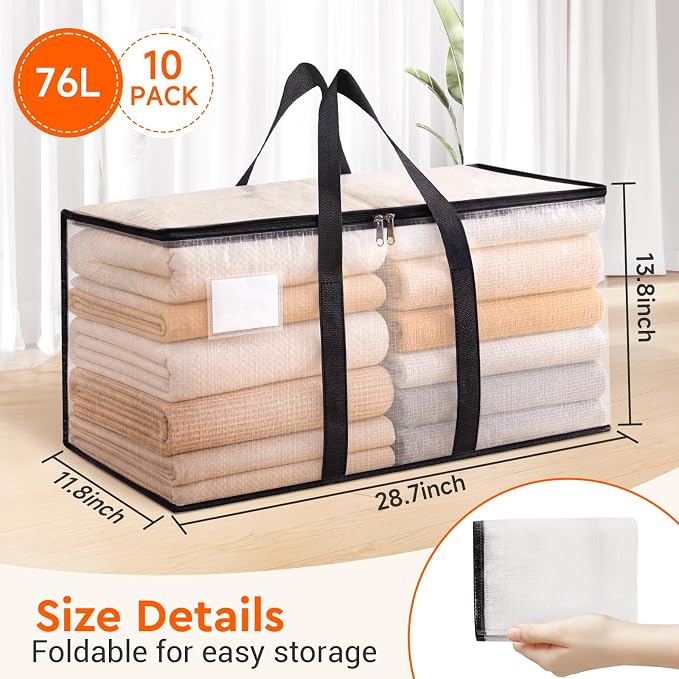BlissTotes Moving Bags, 76L 10-Pack Storage Bags, Moving Box Heavy Duty Extra Large, Moving Totes with Zipper, Large Packing Bag with Reinforced Handles, Boxes for Packaging Moving
