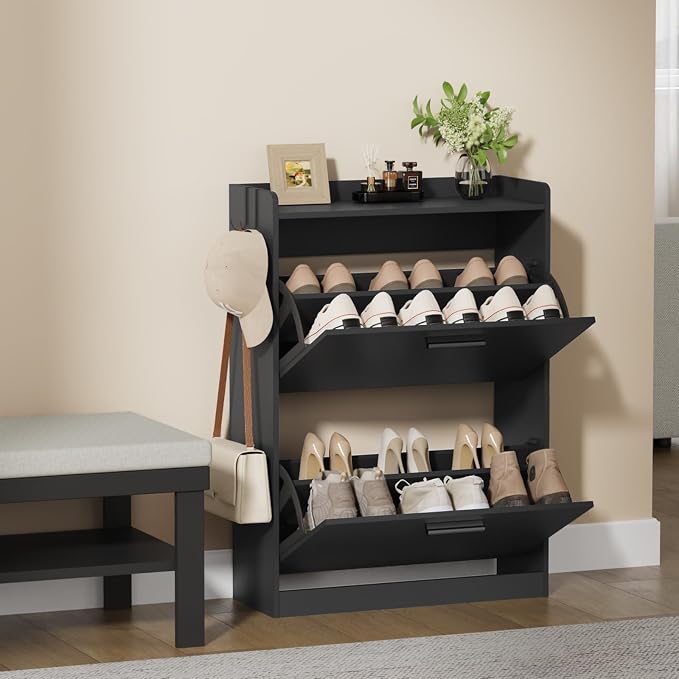 Shoe Cabinet Organizer with 2 Flip Drawers, Freestanding Shoe Rack Cabinet, 23.6" W × 6.3" D × 33.1" H Narrow Shoe Cabinet Storage for Entryway, Foyer, Hallway, Black