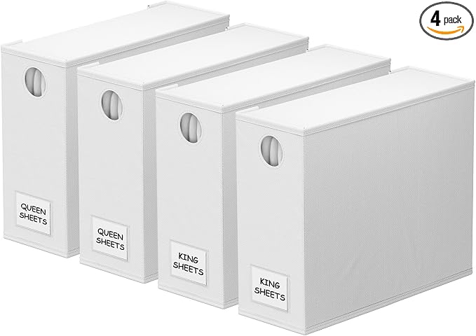 SpaceAid 4 Pack Bed Sheet Organizers and Storage, Foldable Sheet Organizer for Linen Closet, Sheets Set Folder Keeper with Window XL (Queen & King Size) Organizing Bedding Container, White