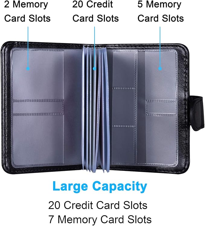 Wisdompro Slim PU Leather Credit Card Holder, Vertical Black | RFID Blocking Wallet Debit Card Protector, Organizer Case, Card Case, 20 Card & 7 Memory Card Slots, with Magnetic Closure