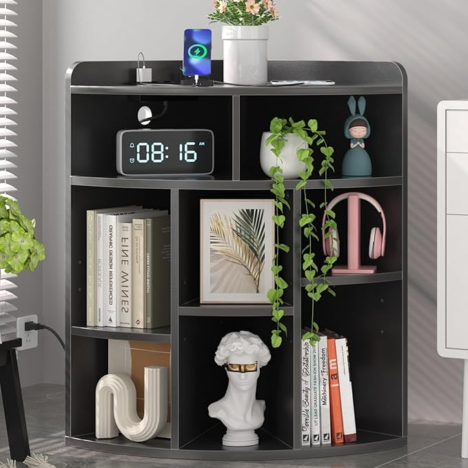 VECELO Corner Cube Shelf with USB Ports & Outlets, Modern Corner Toy Storage Rack with Adjustable Shlef, Wooden Display Bookshelf Bookcase for Living Room, Bedroom, Dining Room, Kitchen, Black