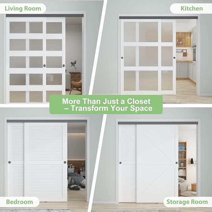 7FT/84(Double 3.5FT) Bypass Door Hardware, Aluminum Double-Closing Sliding Closet Door Hardware with Finger Pull Included, Smoothly and Quietly, Fit Door Thickness 1 3/8" or 1 3/4", Black