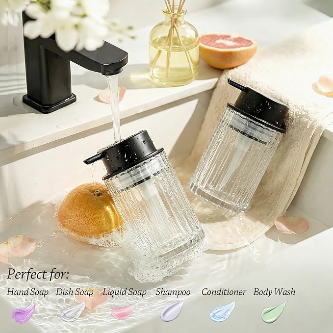 Foaming Hand Soap Dispenser, 8oz Refillable Clear Glass with Black Pump, for Liquid Soap or Lotion, Vertical Ribbed Decor for Bathroom Vanity, Kitchen, Commercial Use - 2 Pack