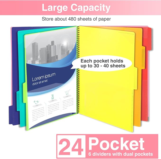 Forvencer 24 Pocket Project Organizer, 1/3-cut Tab Binder Organizer with Sticky Labels, Multi Pocket Folder with Zipper Pouch, Folder Binder Spiral Pocket Notebook, Office Supplies, Letter Size, Pink