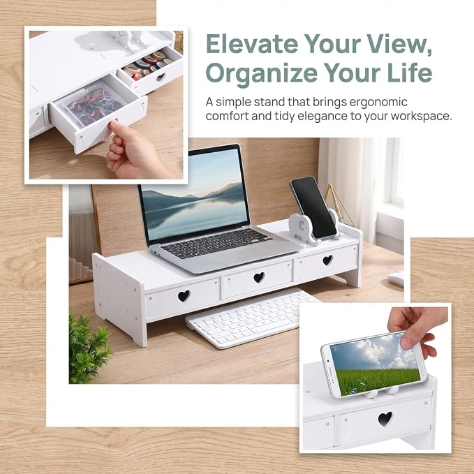 Computer Monitor Riser with Drawer Keyboard Storage Rack for Desk Organization Desk Shelf Organizer for Laptop 19.29 X 7.48 X 3.93 in White Wood-Composite