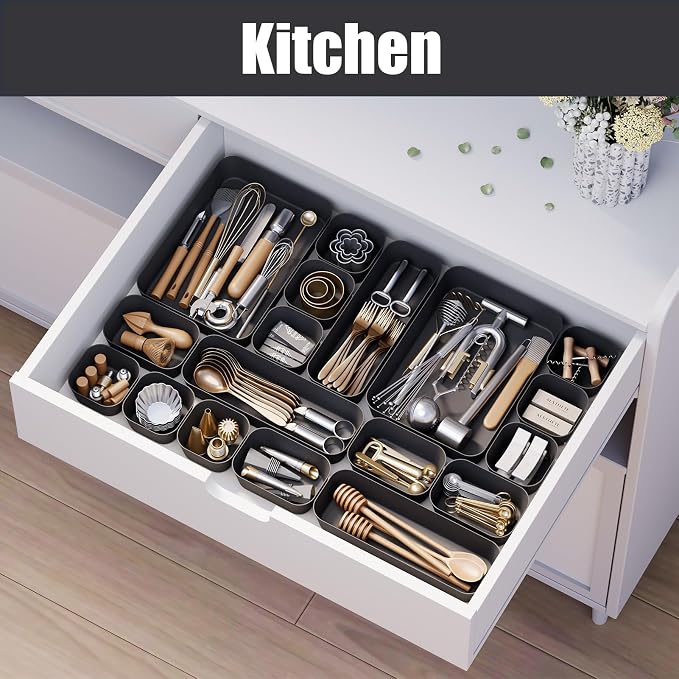 Drawer Organizers Bins 18 PCS for Bathroom Makeup Desk Office | with Non-slip Pads, 4 Sizes, Plastic Tray, Vanity Organizer, Kitchen Utensils Organizer