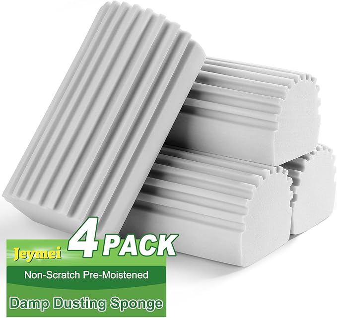 Jeymei 4-Pack Damp Clean Duster Sponge,Gray Damp Dusting Sponge,Duster Baseboard Cleaner Sponge with Ridges,Reusable Wet Duster Sponge,Household Cleaning Sponges for Blinds,Window Track Grooves