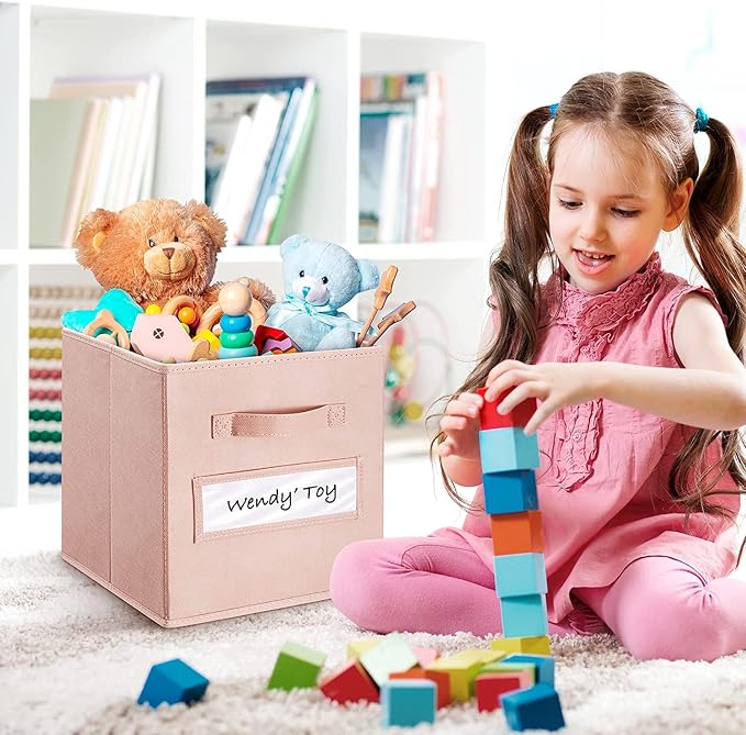 13x13x13 storage cube bins(Set of 8) Fabric storage cubes with 8 Labels Window Cards & a Pen, storage cubes 13x13, Collapsible 13 inch cube storage bins, Cubby Boxes, Pink