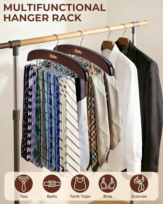 Tie Rack Hanger for Closet: Ohuhu 24 Folding Hooks Tie Hangers for Men Wooden Tie Holder Organizer Space Saving Necktie Storage 360 Degree Rotating Ties Belts Scarves Tank Tops Accessories-Walnut