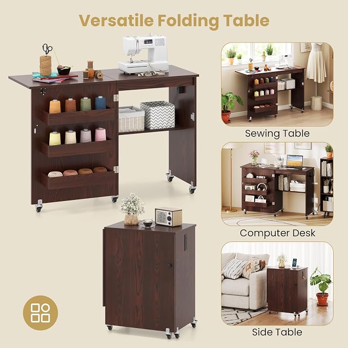 Giantex Folding Sewing Table with Charging Station, Storage Trays & Shelf | Rolling Craft Table with Lockable Wheels, Foldable Sewing Machine Cabinet Desk for Small Spaces, Dorms, Espresso