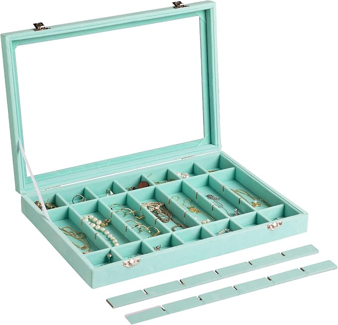 Frebeauty 35 Grid Earring Organizer,Velvet Jewelry Tray with Clear Lid | Drawer Jewelry Organizer for Rings Studs Beads,Adjustable Dividers,Dustproof Design,Earring Storage,Trinket Box,13.8×9.5Inch