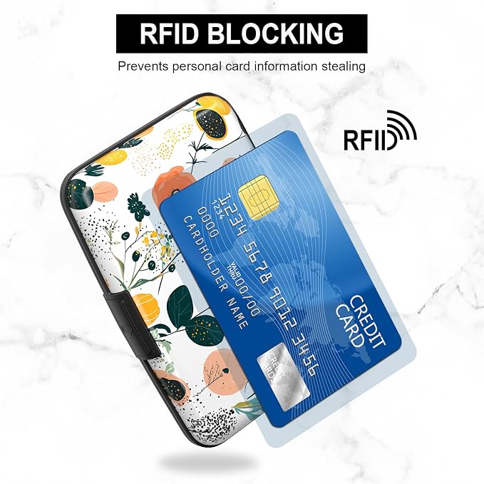 Card Holder Credit Cards Holder for Women RFID wallet women Business Card Holder Wallet Mini Aluminum Card Wallet RFID Blocking Slim Metal Hard Card for Women, Flower Seamless Pattern