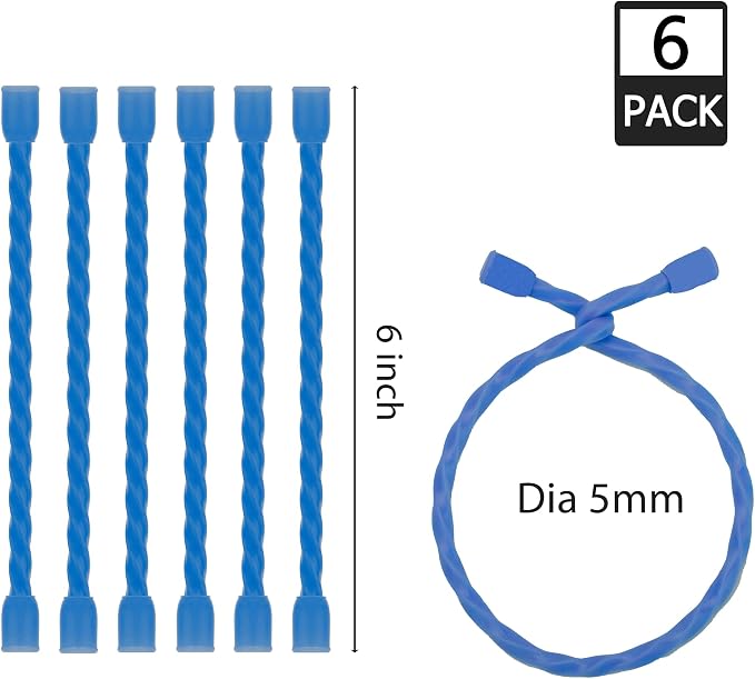 6 PCS 6-Inch Silicone Cable Ties Dia 5mm Reusable Steel-Core Rubber Twist Ties Bendable Cable Ties for Bundling and Holding, All Purpose Cord Tie for Indoor and Outdoor (Blue)